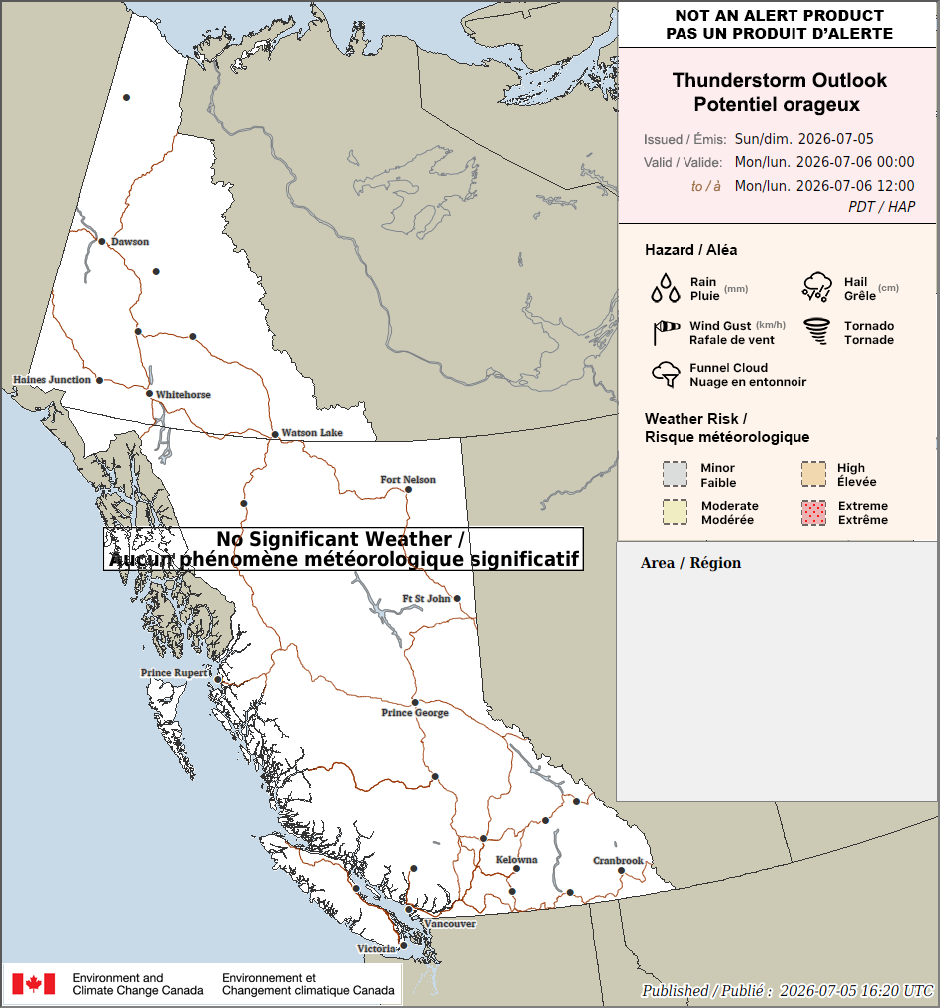 British Columbia and Yukon Thunderstorm Outlook for Tomorrow (AM)