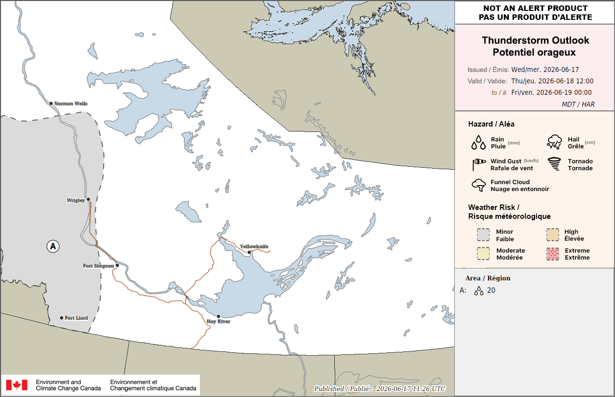 Northwest Territories Thunderstorm Outlook for Tomorrow (PM)