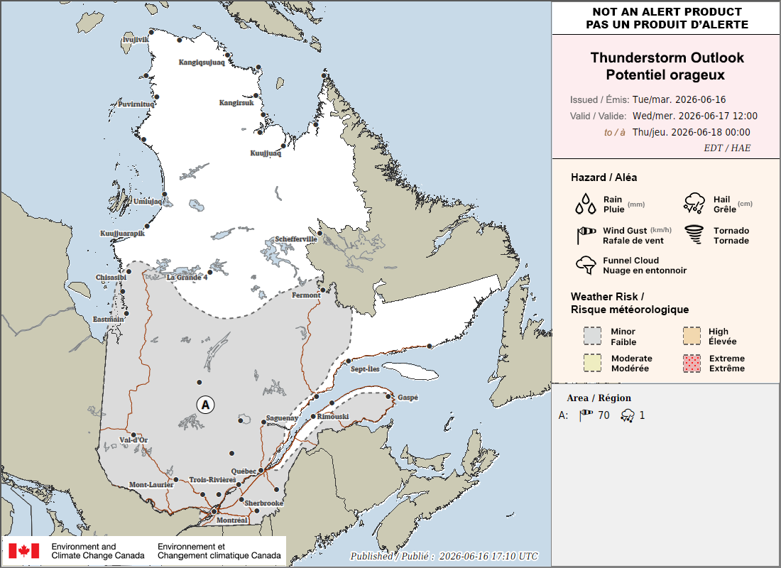 Quebec Thunderstorm Outlook for Tomorrow (PM)