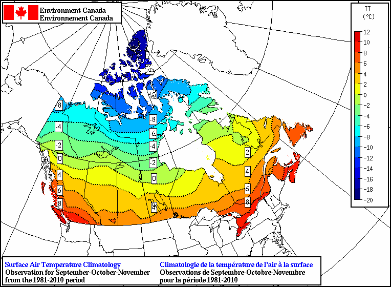 Temperature Climatology - Map - Average - Sep-Oct-Nov (Fall) - Environment  Canada