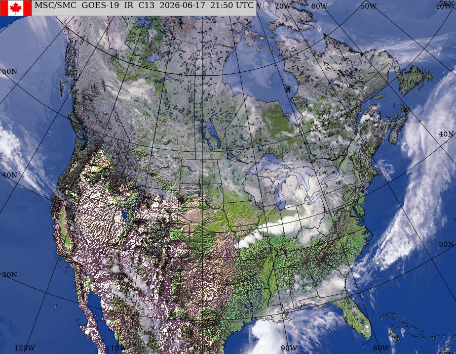 GOES–East/West North American Composite Satellite Image (infrared and topography)